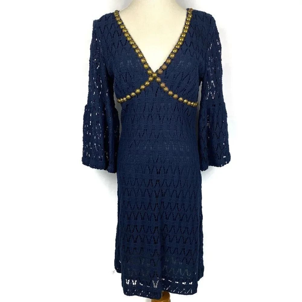 TRINA TURK Navy Blue Crochet Studded Bell Sleeve Dress